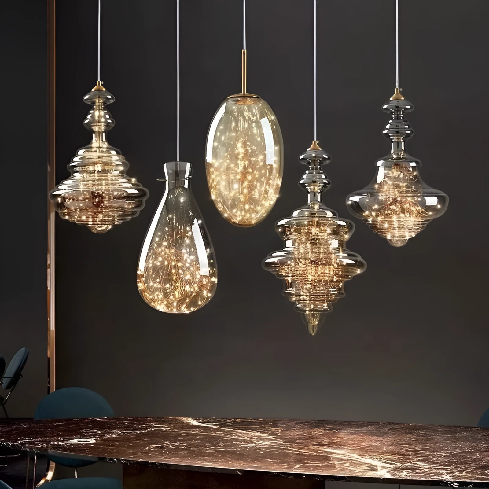 Modern simple style glass chandelier ceiling lamp with adjustable cord and remote control.