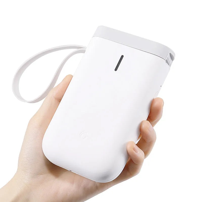 Compact D11 Bluetooth label printer in various colours, showing phone app interface and printed labels.