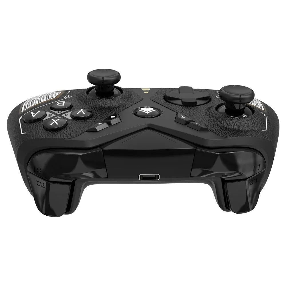 Black wireless Bluetooth game controller with ergonomic shape for Nintendo Switch, PC and smartphone.