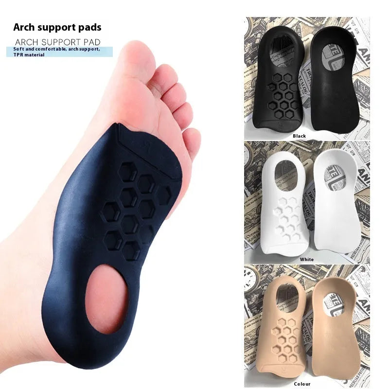 TPR arch support insoles for varus correction in white, black, and skin colour options