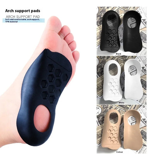 TPR arch support insoles for varus correction in white, black, and skin colour options