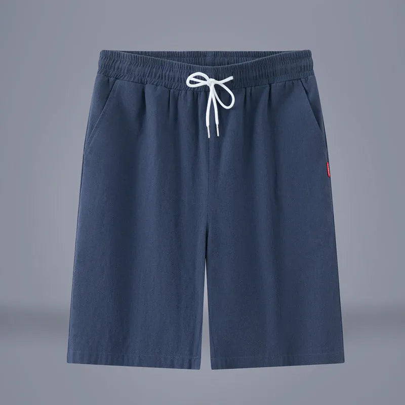 Chinese-style solid colour cropped trousers in cotton linen fabric with drawstring mid-waist