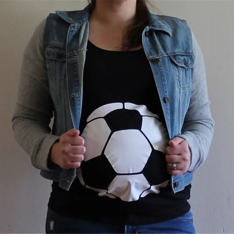 White cotton maternity t-shirt with hand print pattern, round collar, short sleeves on model
