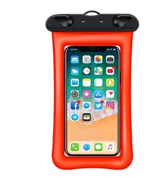 Orange waterproof phone pouch with black neck rope on a blue background.