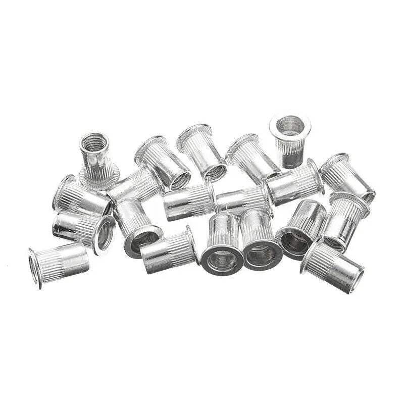 Manual riveter gun tool and assortment of alloy steel rivet nuts from an 86-piece or 106-piece fastener set.