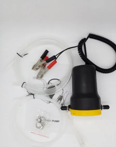 12V electric self-priming diesel oil pump in yellow engineering plastic with hoses and battery clips
