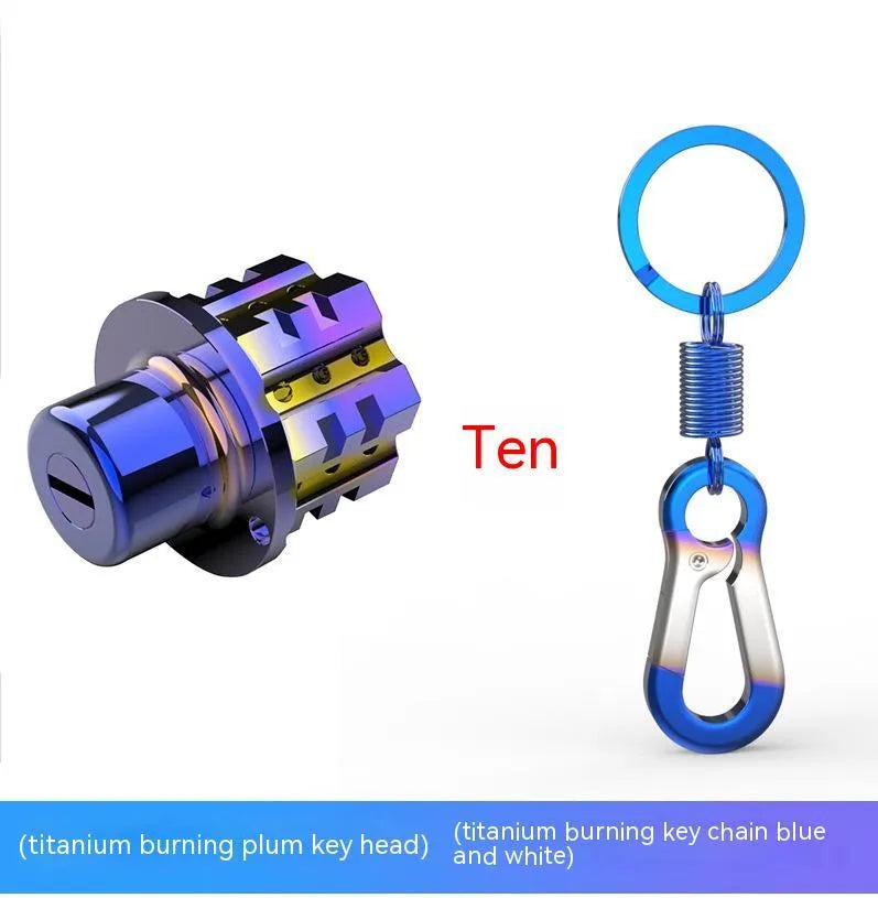 T6 aluminium motorcycle key cover in hexagonal, pentagram, and plum blossom designs with blue and white keychain.