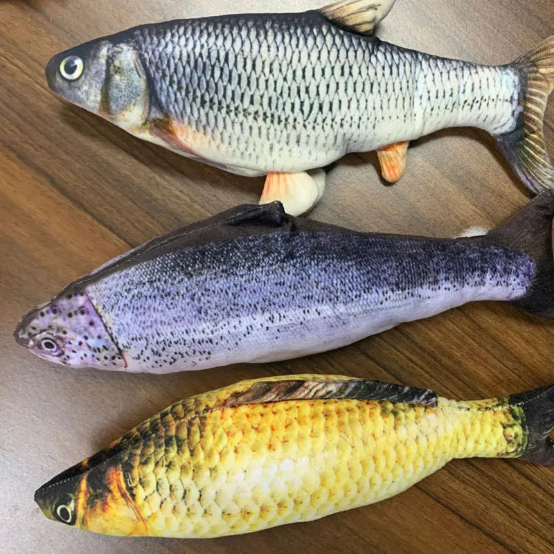 Multicolor USB rechargeable electric jumping fish cat toy measuring 30cm long