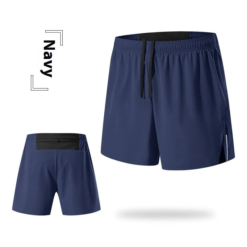 Men's loose fit off-road running shorts in grey, shown from front, with high waist and quick-dry fabric.