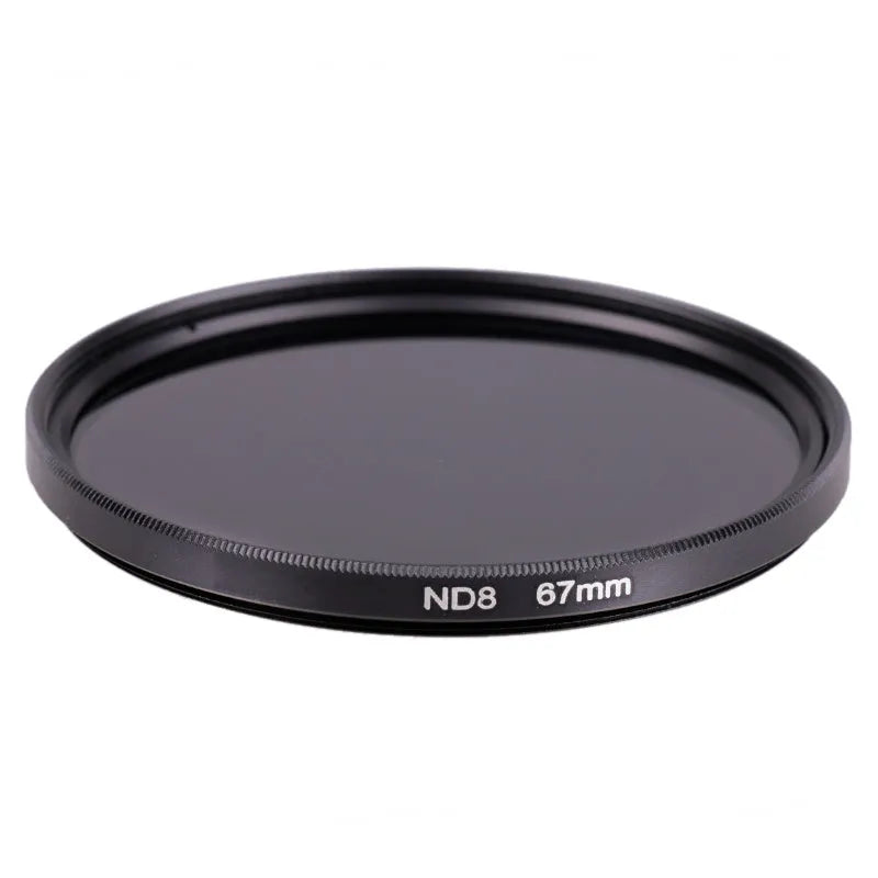 ND8 camera filter with aviation aluminium frame showing thread size options from 49mm to 82mm