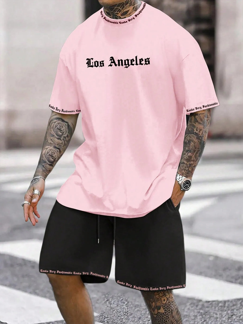 Men's printed polyester blend short sleeve top and matching shorts casual sports set