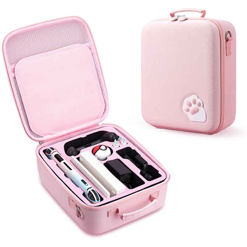 Nintendo Switch cat claw storage bag with shoulder strap, shown in black, holding game cartridges.