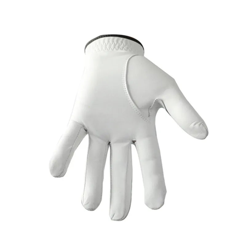 White half sheepskin golf glove showing palm non-slip texture and finger construction