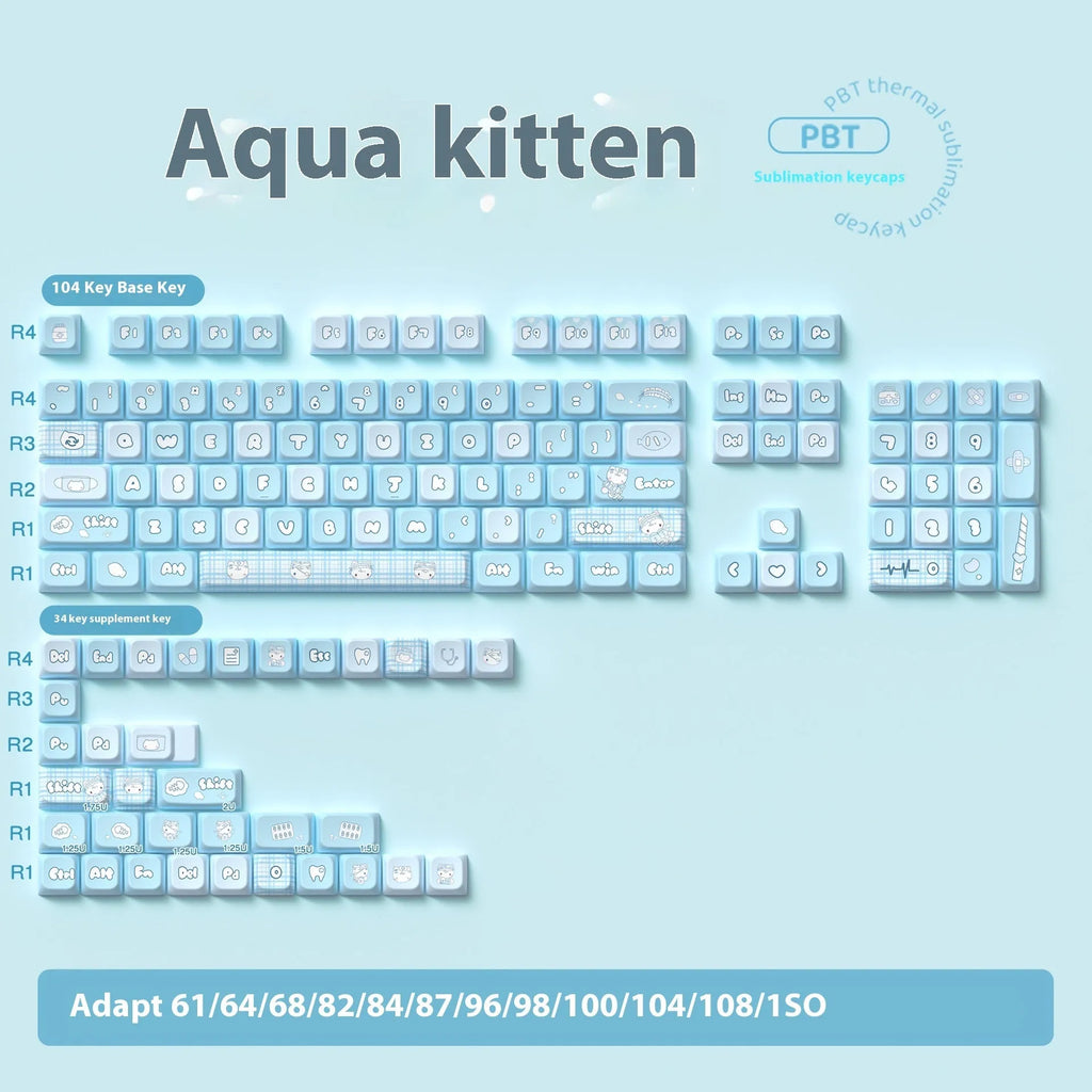 Custom watercolour kitten design mechanical keyboard keycap set on a white background