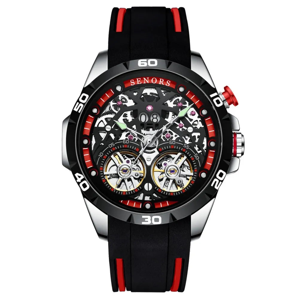 Automatic mechanical men's watch with hollow luminous dial in red or blue colour option