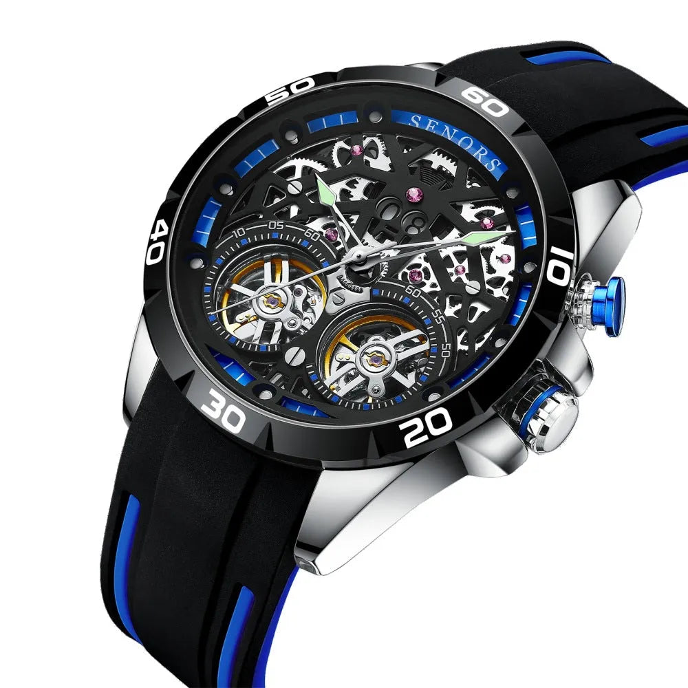 Automatic mechanical men's watch with hollow luminous dial in red or blue colour option