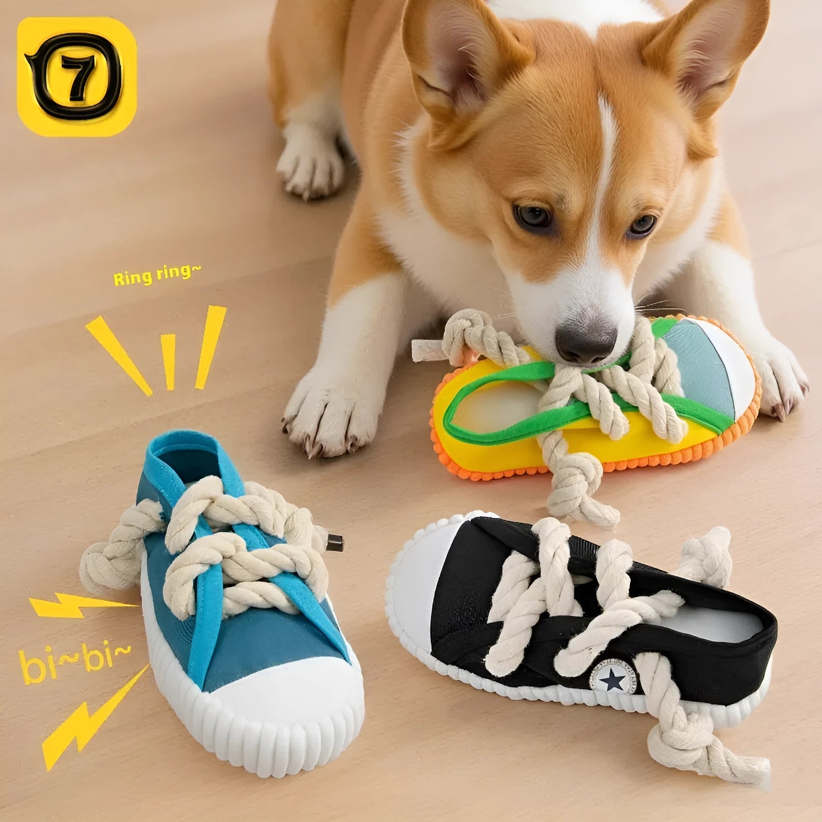 Plastic dog chew toy with bends design in rock yellow colour showing self-hi sound feature