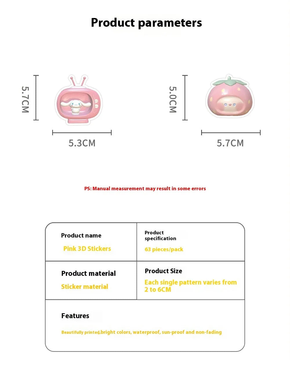 Pink girl heart decorative stickers with realistic 3D appearance in cute style, 63 pieces per pack