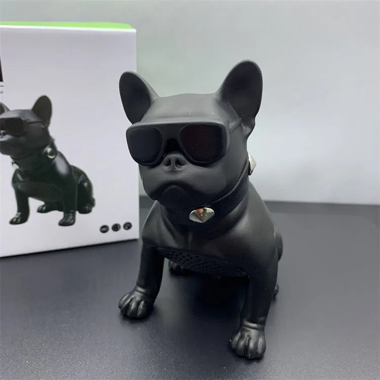 Mini bulldog-shaped Bluetooth speaker in black, red, and white colour options.