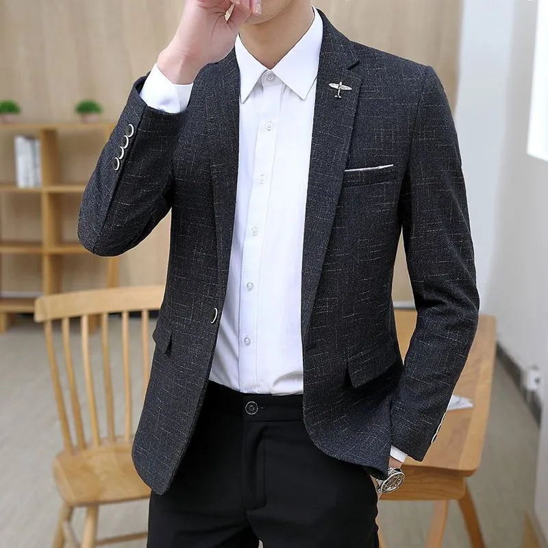 Men's slim-fit viscose suit jacket with stand-up collar in navy blue, front view