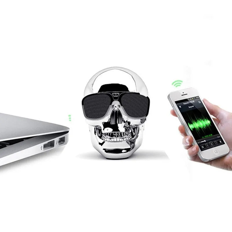 Skull-shaped wireless Bluetooth speaker in six colours with compact portable design and 10-hour battery