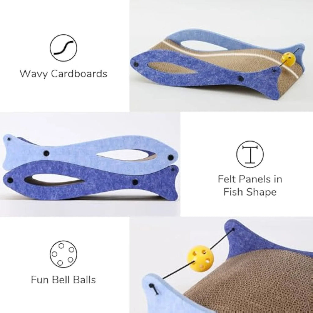 Blue fish-shaped cardboard cat scratcher with a wavy lounging area and a hanging bell ball toy.