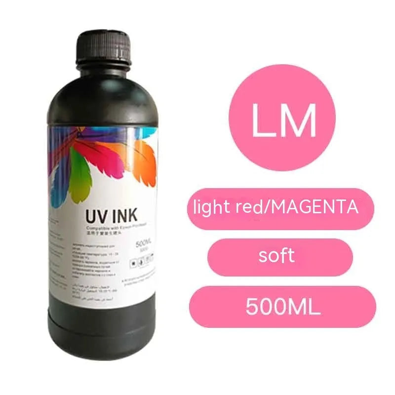 500ml bottle of Epson UV printer ink for XP600 TX800 F186000 F189000 models, showing colour options.