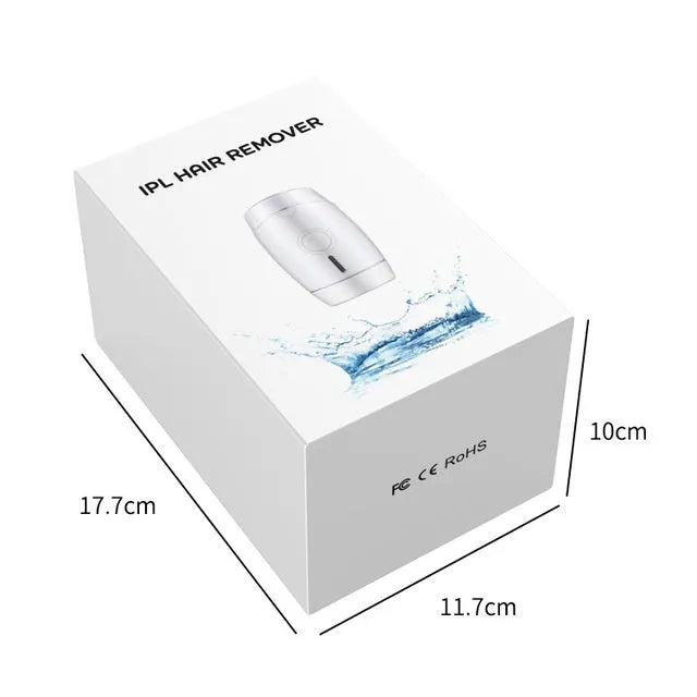 White home laser hair removal device with display, shown with its power adapter and international plug heads.