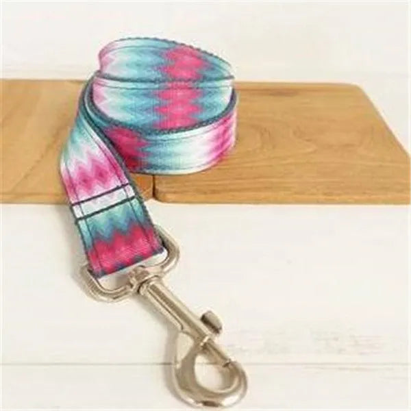 Pattern dog collar colour ribbon traction set in green polyester webbing on white background