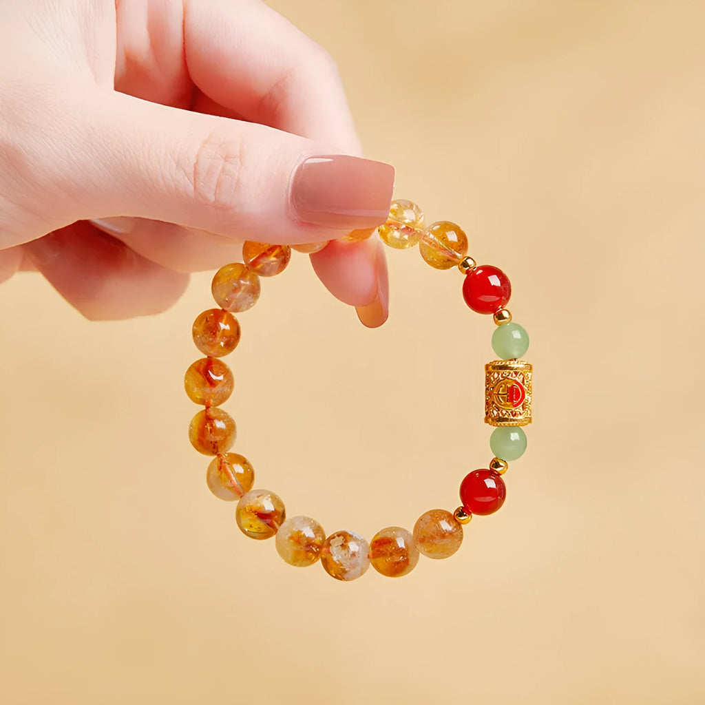 Chinese style 8mm crystal and sterling silver bracelet, yellow pearl finish, geometric shape, manual workmanship