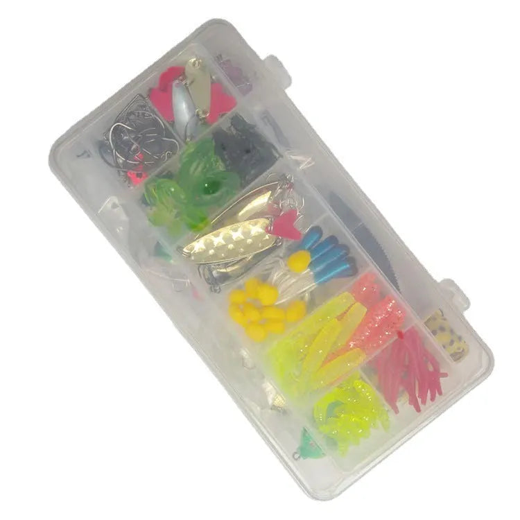 142-piece fishing lure set with metal and plastic baits, sequins, hooks, and fishing pliers in various colours