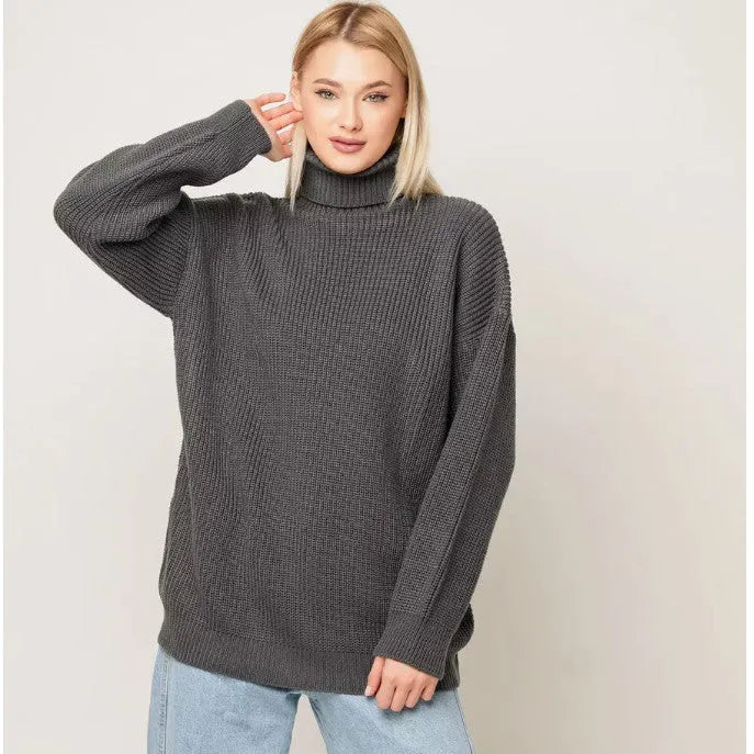 Women's high neck loose fit pullover sweater in thick imitation cashmere fabric, solid colour option shown.