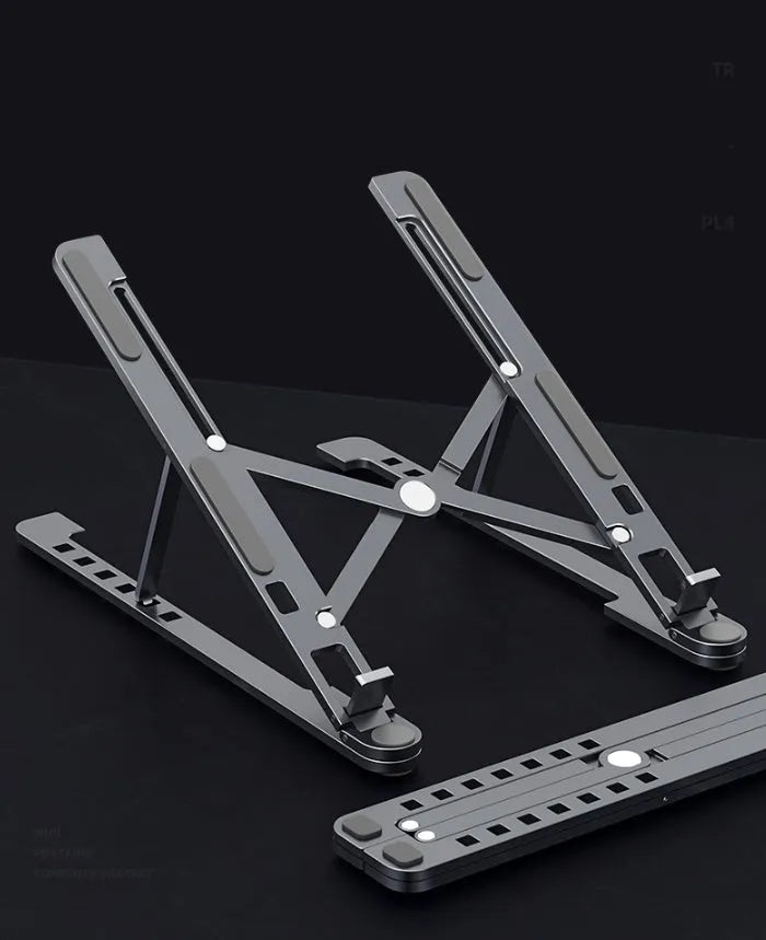 Foldable aluminum laptop stand in silver colour, shown both open in use and folded flat.
