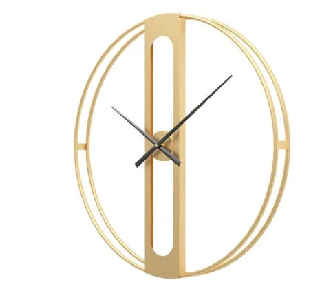 Large round metal wall clock with a 50cm diameter in a black finish on a white wall.