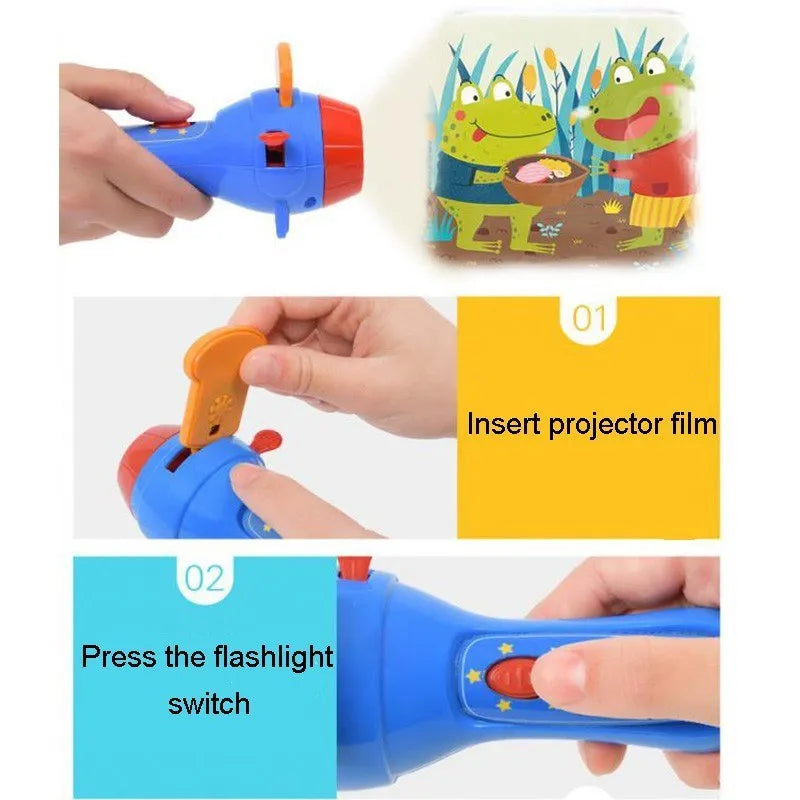 SmartKids children's story projector torch with four fairy tale discs projecting images onto a wall