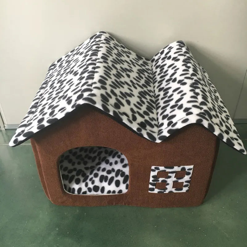 Coffee colour cloth winter pet kennel double roof dog house 55x40x42cm