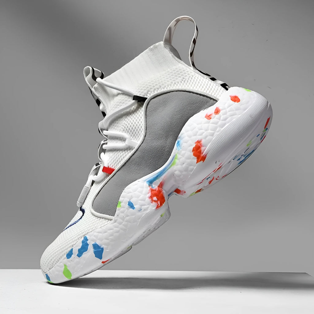 Men's camouflage black vulcanised sneakers with mesh upper and flat rubber sole on a white background.