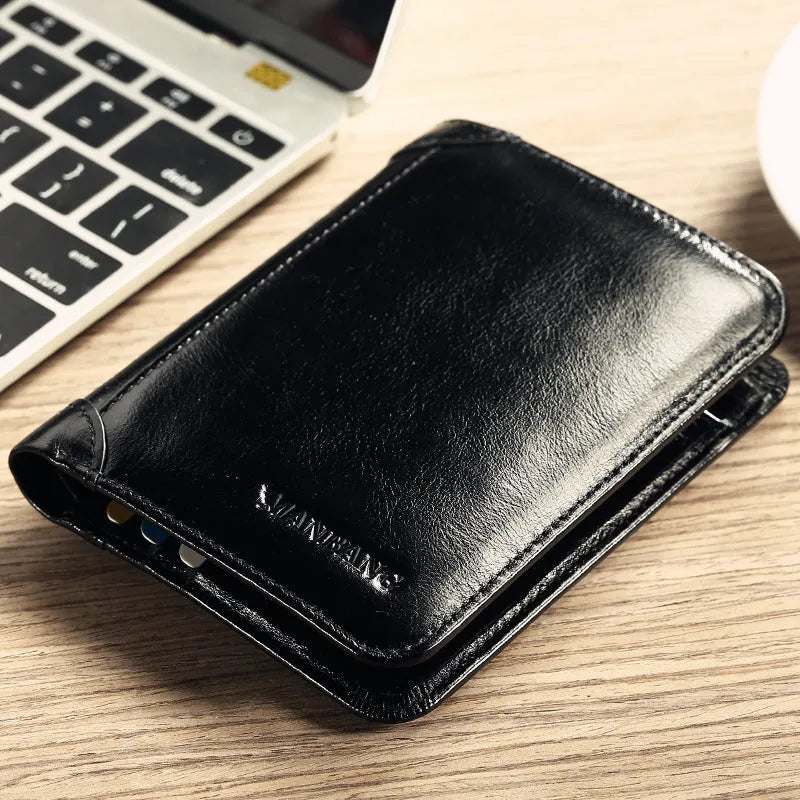Men's genuine leather wallet open showing multiple internal compartments including card slots and secret pocket