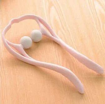 Blue plastic neck massager with hand roller and bracket for pressure point therapy on neck and shoulders