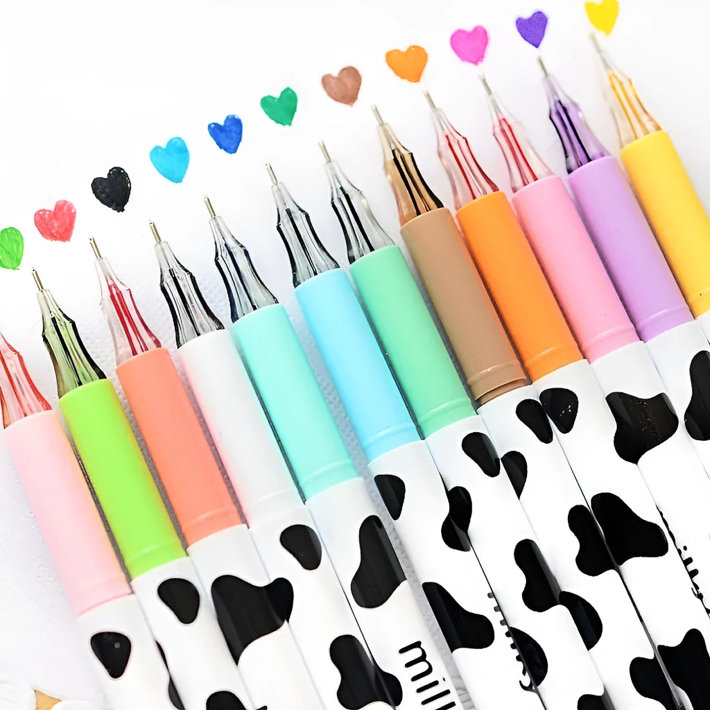 Cow pattern gel pen set with 12 assorted colours and 0.38mm fine point tips