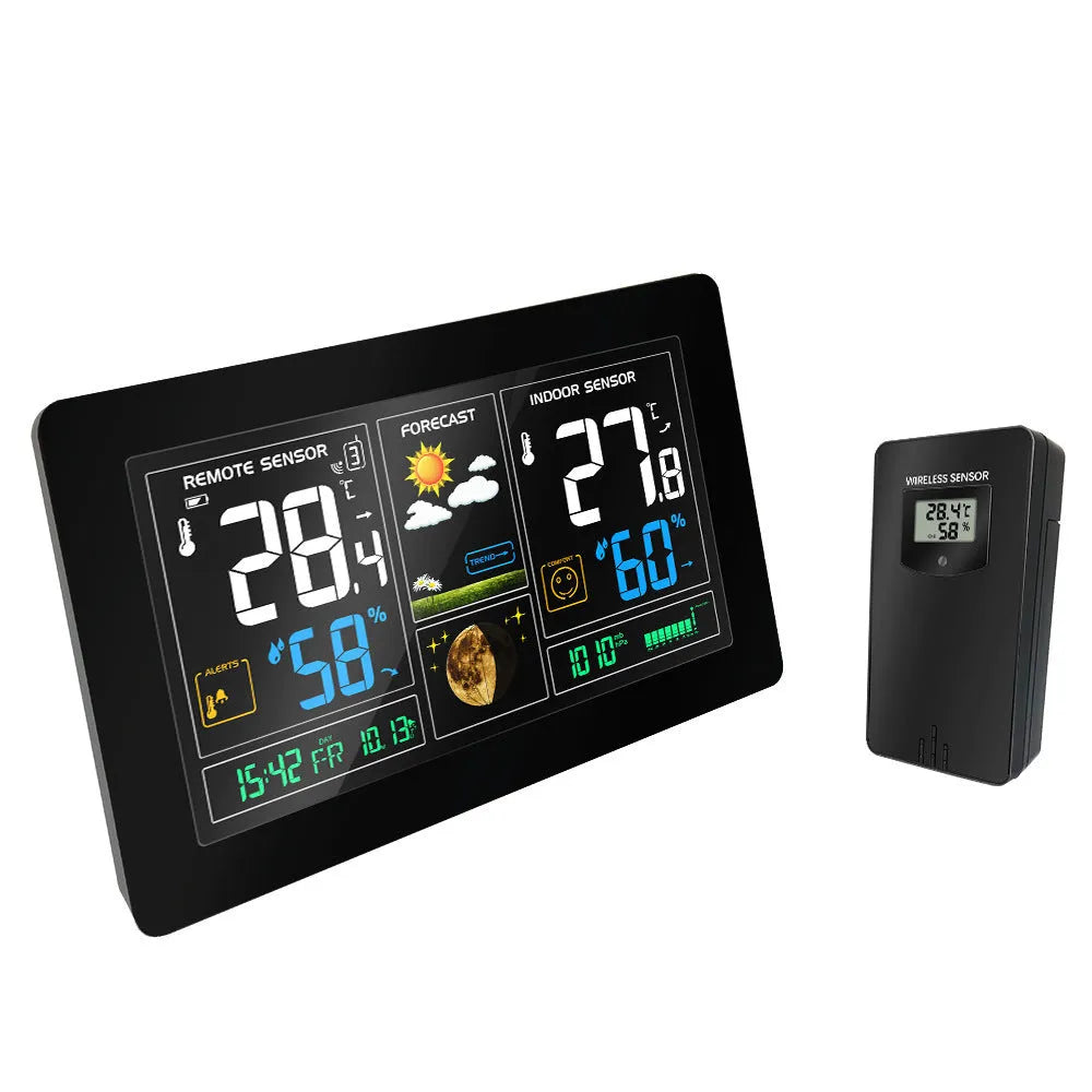 Black rectangular radio controlled alarm clock with LCD perpetual calendar, humidity, and weather forecast display
