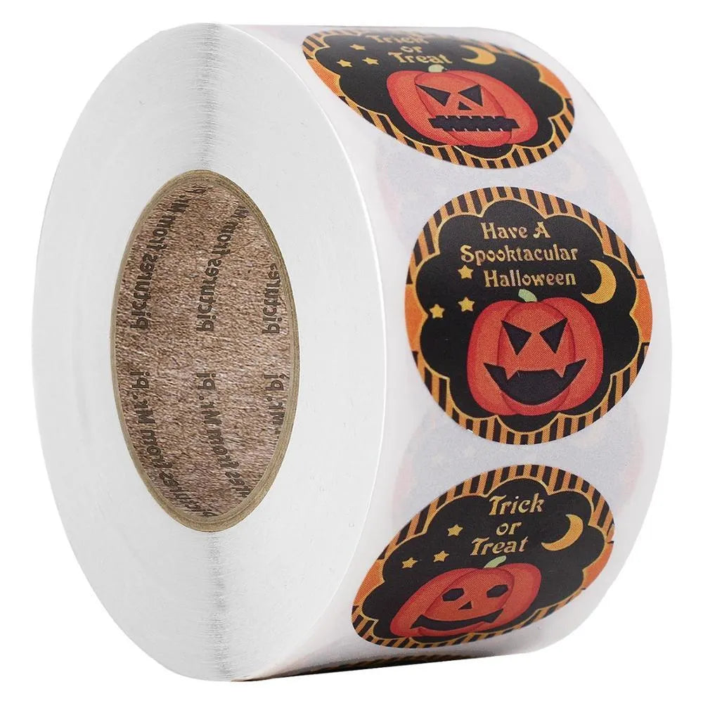 Roll of 500 Halloween pumpkin pattern PVC stickers in candy colours, each 2.5 cm diameter