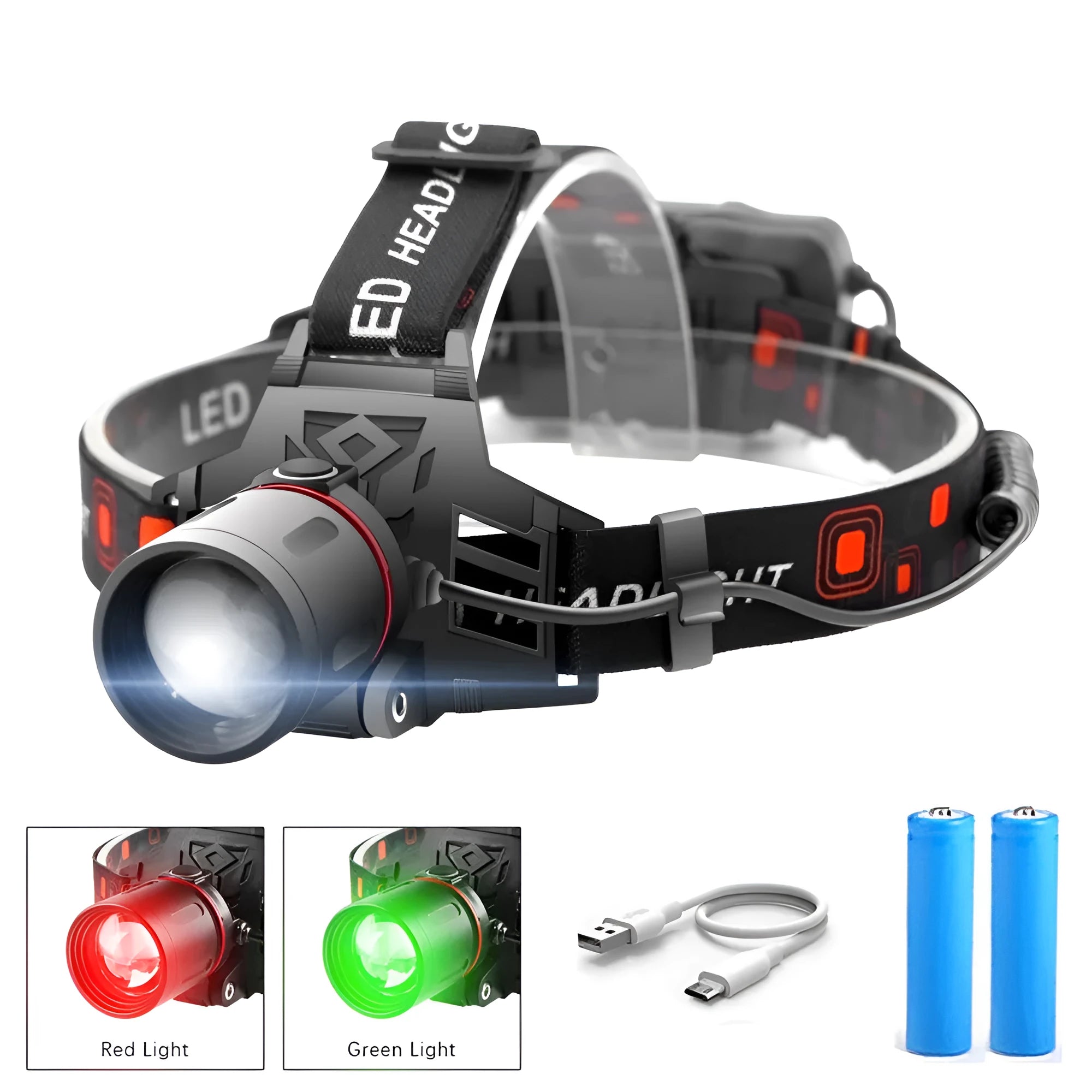 T6 LED headlamp with white red and green lights showing zoomable focus and rechargeable 18650 battery design