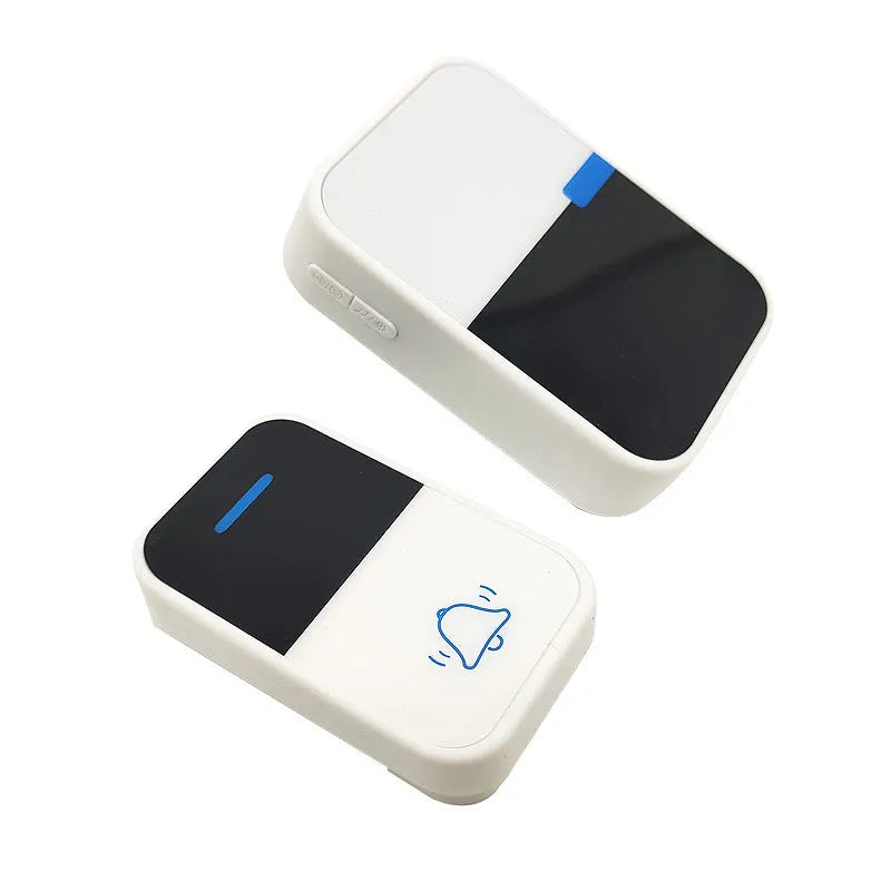 Modern white wireless doorbell kit with self-generating button and receiver showing dimensions