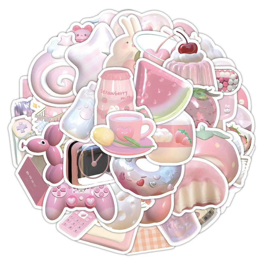 Pink girl heart decorative stickers with realistic 3D appearance in cute style, 63 pieces per pack
