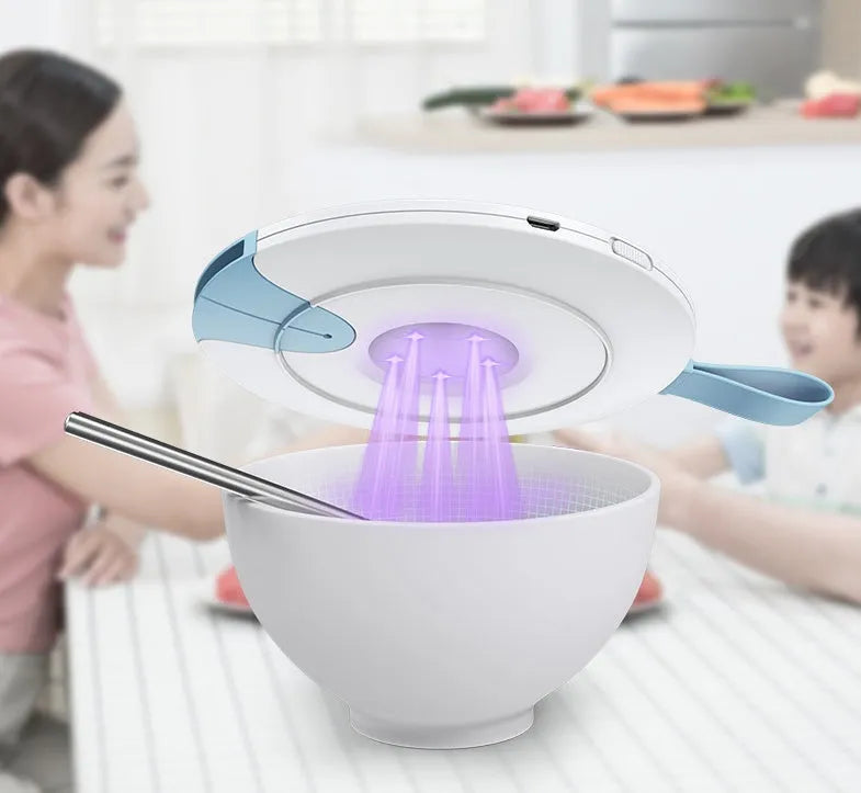Blue portable baby bottle sterilizer with USB port showing compact 163.6mm design