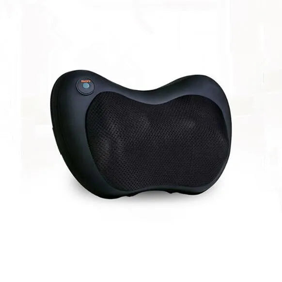 Electric infrared kneading massage pillow in black PU leather with control buttons and adjustable fixing strap for car seat use