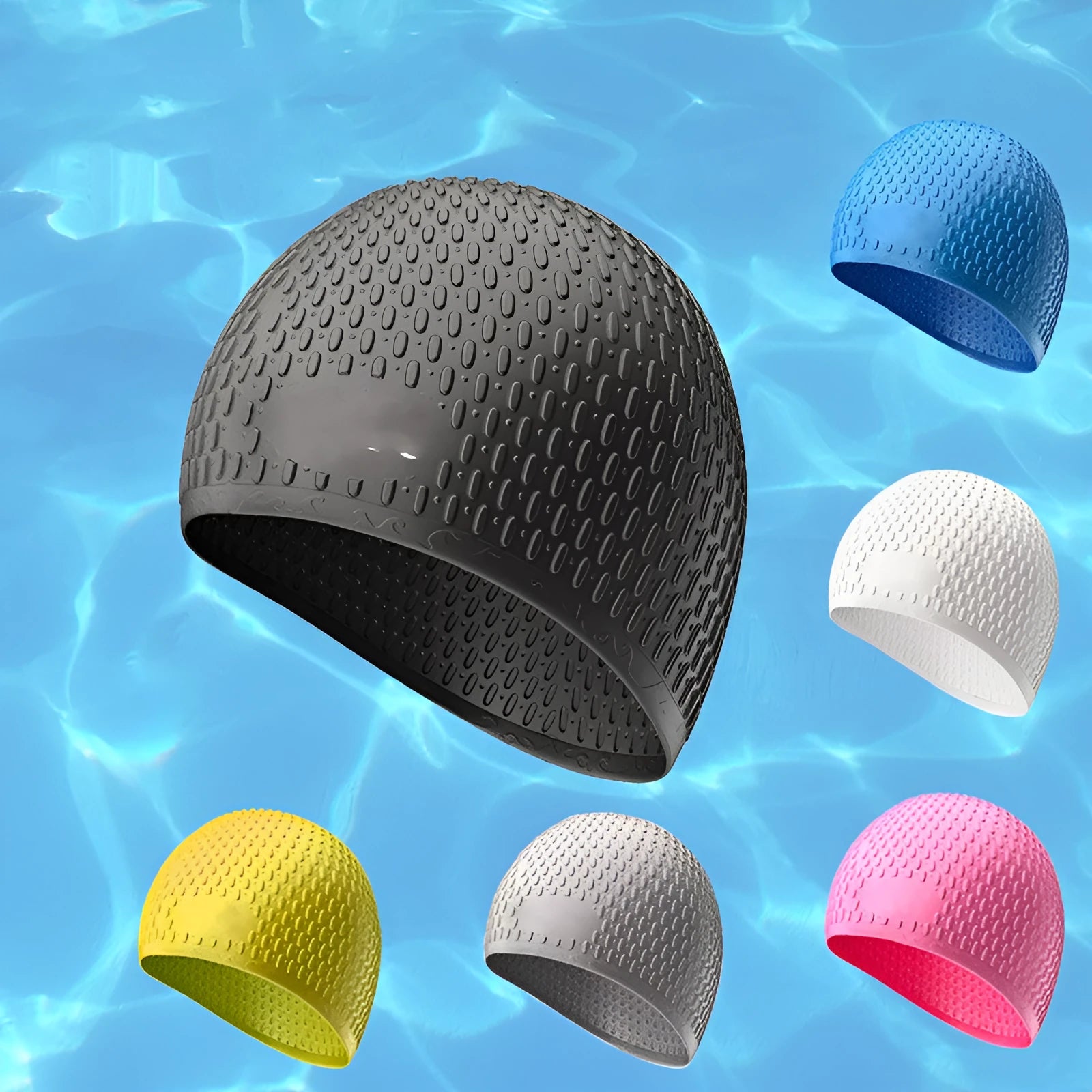 Fashion silicone water drop swimming cap for adults in multiple colour options including Tiffany Blue and Matcha Green