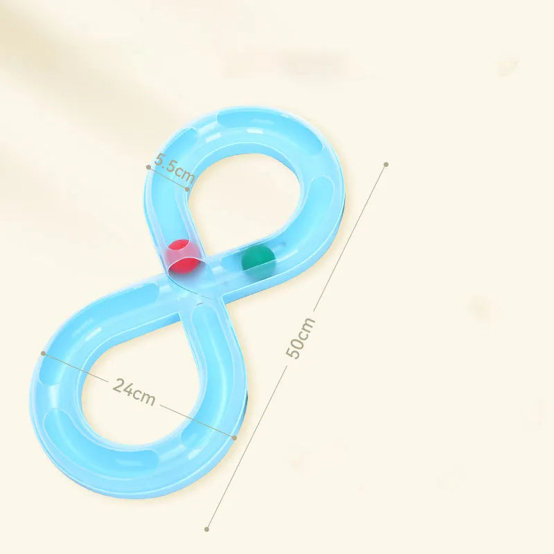 Blue and white cat turntable track toy with ball measuring 50cm long