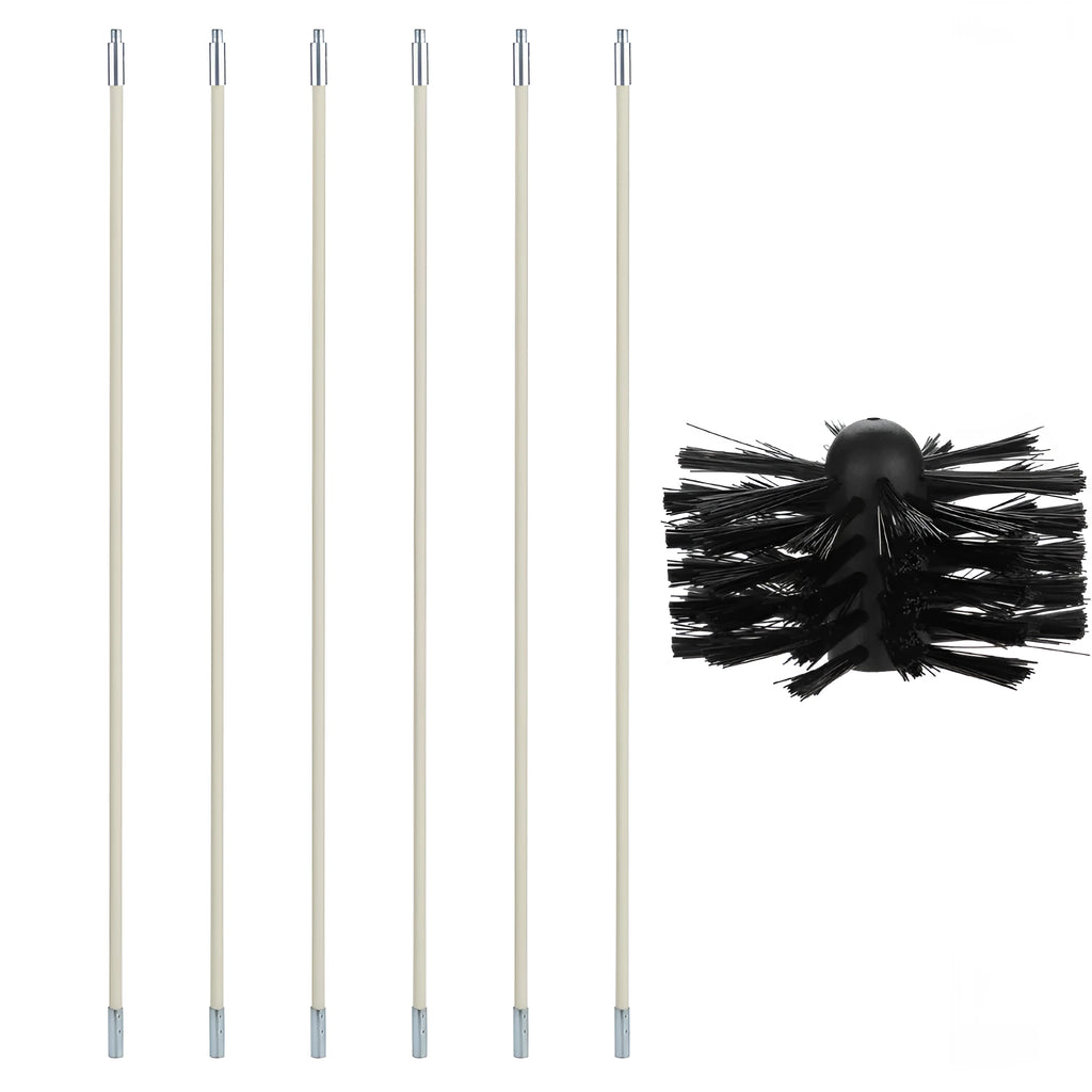 Flexible chimney cleaning brush with nylon bristles for dryer and range hood ducts.